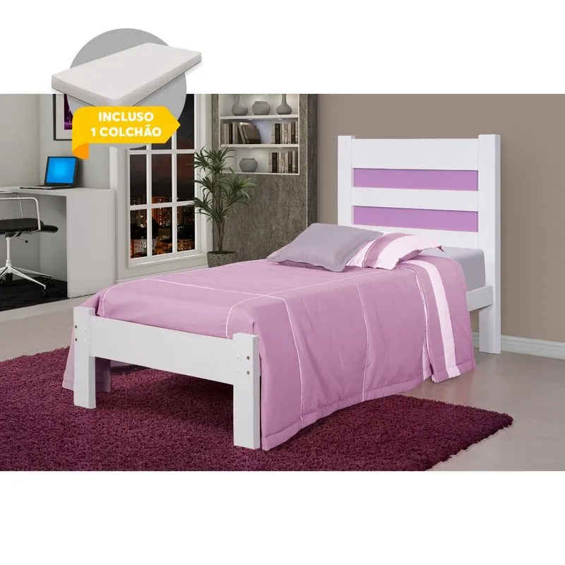 Cama Solteiro com Colchão Lara Madeira - Branca com Lilás