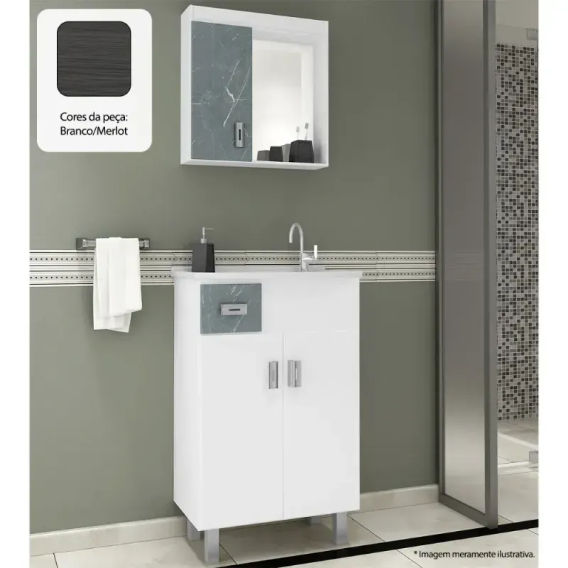 Gabinete para Banheiro com Armário Aéreo Balcony Gabinete para Banheiro 500 com Armário Aéreo Branco/Merlot Balcony