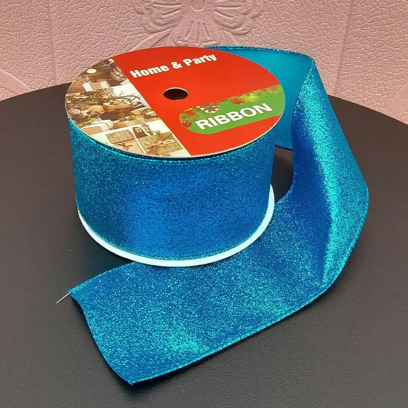 Rolos Fita Aramada Natalina Gliter Azul De 6,3cm 9m Kit 6pçs