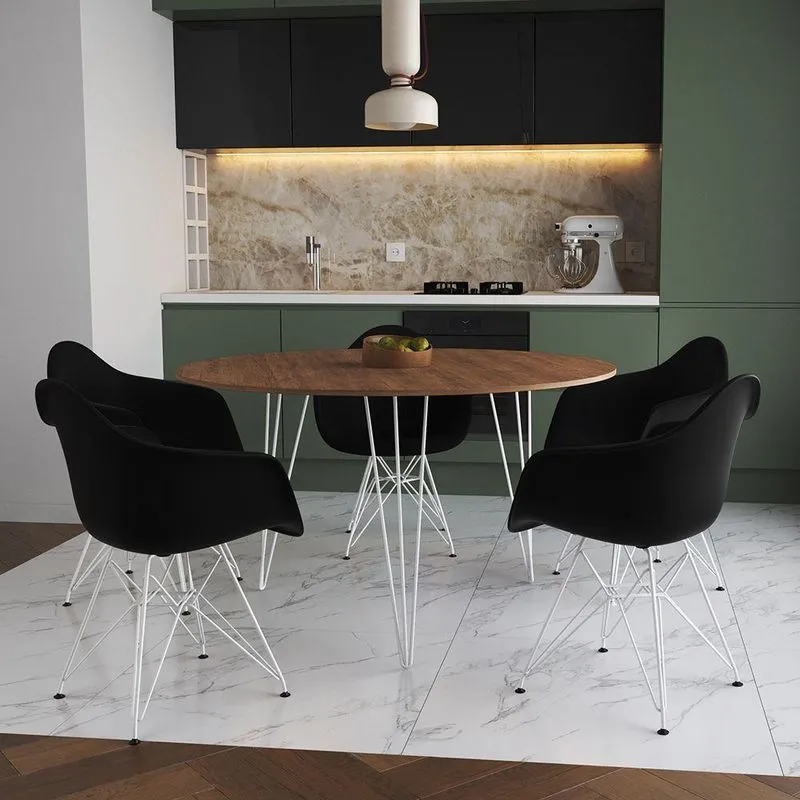 Mesa Jantar Redonda 110cm Amêndoa Clips 3 Pés Com 5 Poltronas Pretas Ferro Branco - Cor: Amendoa