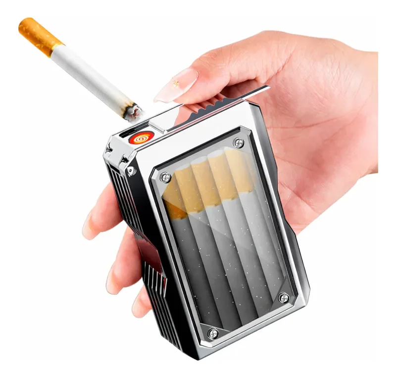 Cigarreira Com Isqueiro Recarregável Usb Porta 20 Cigarros