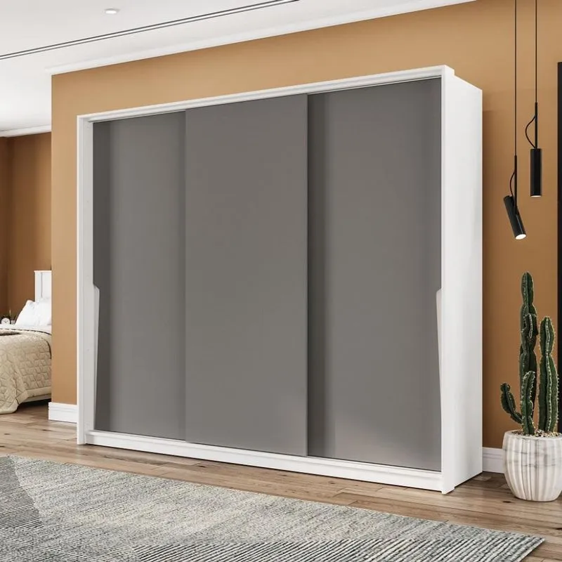 Guarda-Roupa Casal Porto 3 Portas 4 Gavetas Branco e Cinza