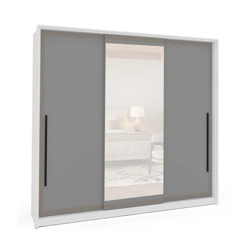 Guarda-Roupa Casal com Espelho Valência 3 Portas 4 Gavetas Branco e Cinza