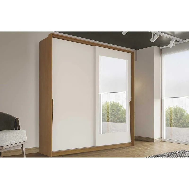 Guarda Roupa 2 Portas De Correr (1 C/ Espelho) E 2 Gavetas Porto Freijo/creme - Politorno