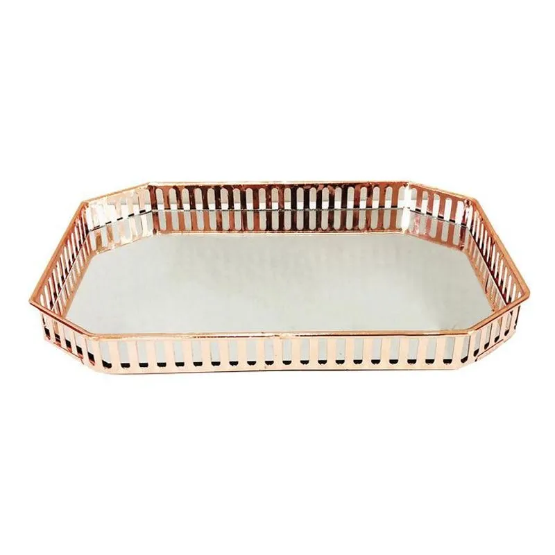 Bandeja Metal Com Espelho Rose Gold 29,5x20,5cm Class Home