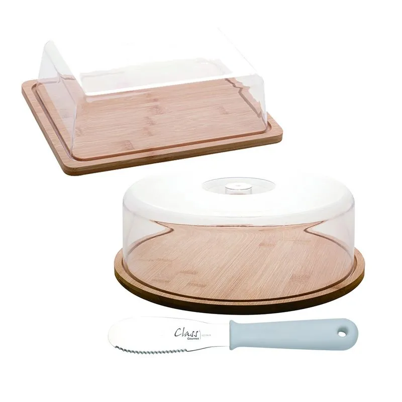 Kit Manteigueira Boleira Bambu e Espátula Inox Class Home