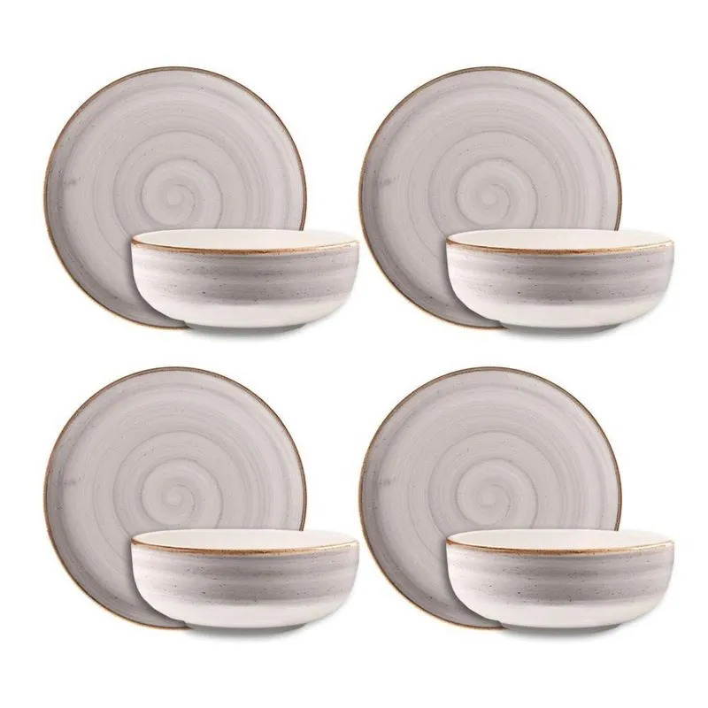 Conjunto Pratos Fundo Sobremesa Cerâmica Caoba Cinza 8Pçs