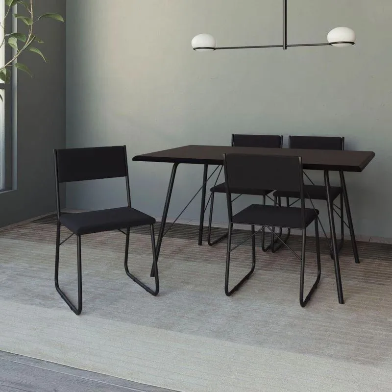 Mesa Jantar Paraty 137cm Tampo Preto Com 4 Cadeiras Angra Estofadas Pretas