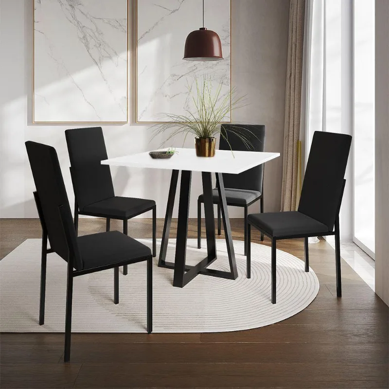 Conjunto De Jantar Mesa Mônaco Premium 90Cm Branca Com 4 Cadeiras Estofadas Pretas - Cor: Preto