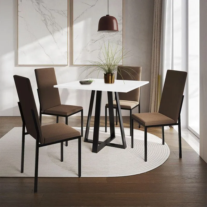 Conjunto De Jantar Mesa Mônaco Premium 90cm Branca Com 4 Cadeiras Estofadas Marrom - Cor: Preto