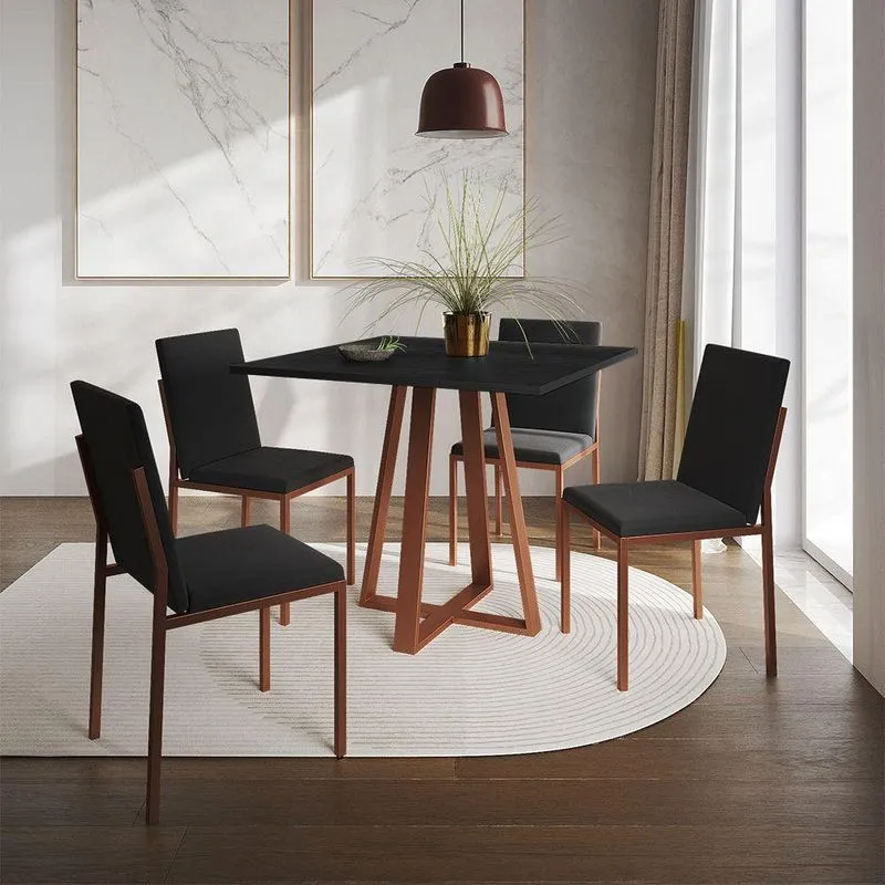 Conjunto De Jantar Mesa 90cm Preta Com 4 Cadeiras Estofadas Pretas Base Cobre - Preto