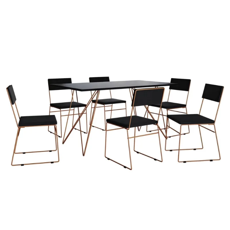 Conjunto De Jantar Mesa De Trama Cobre Com Tampo Preto Com 6 Cadeiras Málaga Cobre Com Assento Preto