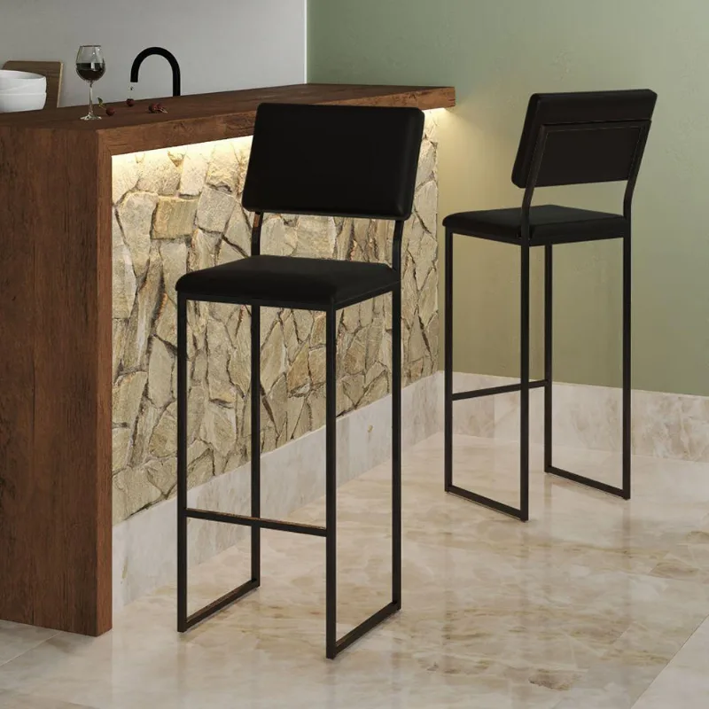 Banqueta Com Encosto Industrial E Moderna Nina Preto E Corino Preto