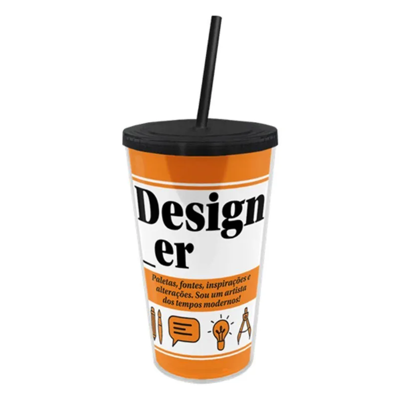 Copo com Canudo Profissões - Designer Tpc 500ML para Bebidas com Design Moderno