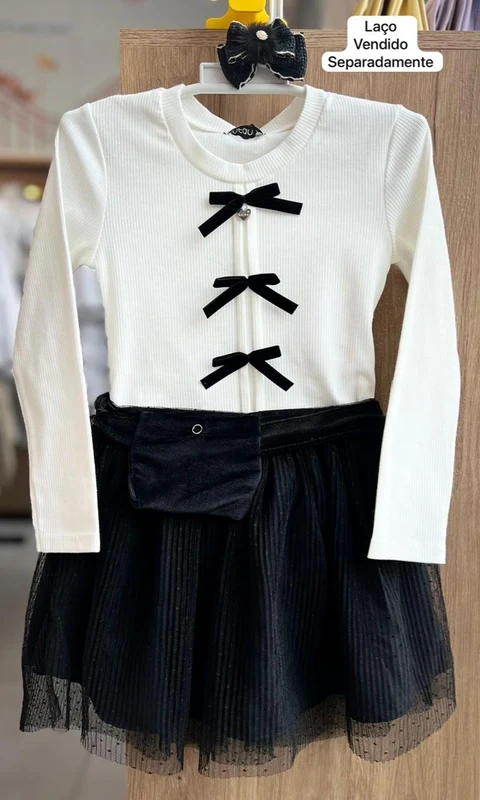 CONJUNTO BLUSA MANGA LONGA CANELADO LIZ POCHETE E SAIA TULE PLISSADO POA MENINA INFANTI OFF/PRETO / 6