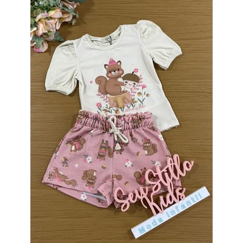 Conjunto Infantil Kukiê Alecrim Inverno Shorts e Blusa Bege Esquilinho
