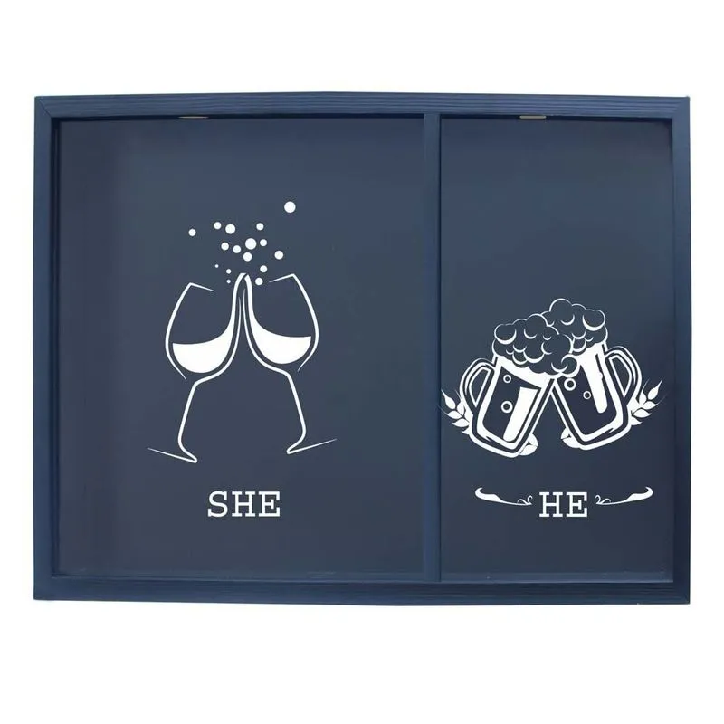 Quadro Duplo Retangular Kapos Vinho e Cerveja She He em Madeira 30 x 40 cm Preto