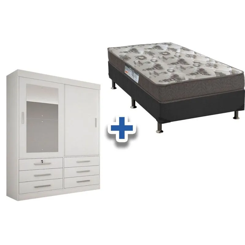 Cama Box Solteiro + Colchão D33 Ortobom + Guarda Roupa Sonare Branco