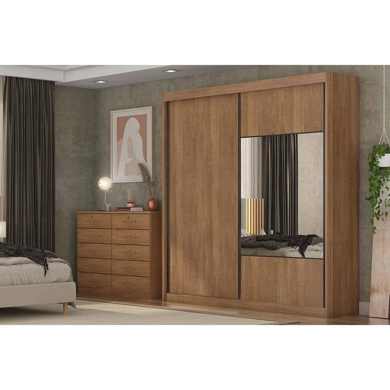 Guarda Roupa Solteiro 2 Portas 1 Espelho 6 Gavetas Sienna Cinza Novo Horizonte