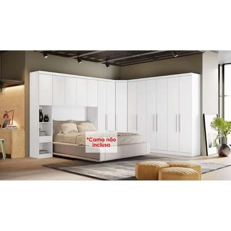 Quarto Modulado Rizon 5 Peças (1 Armário Ponte + 1 Closet + 2 Guarda Roupas + 1 Complemento) Qc203 Neve - Novo Horizonte