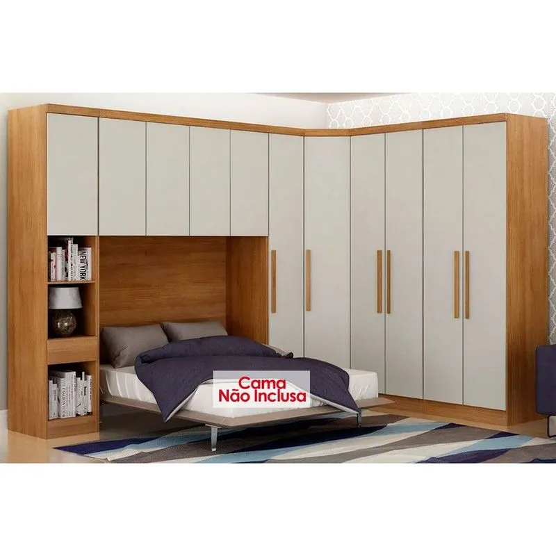 Quarto Modulado Casal Rizon/Linea 6 Peças (1 Aéreo + 3 Guarda Roupas + 1 Closet Canto Obliquo + 1 Complemento) QCM109 Cumaru/Fendi - Novo Horizonte