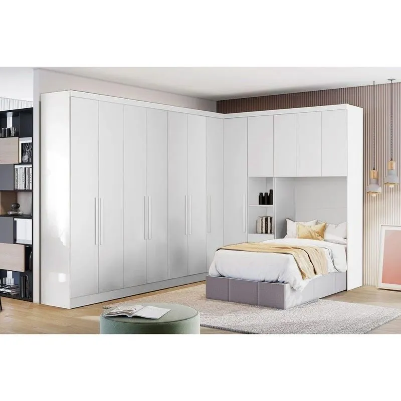 Quarto Modulado Solteiro 5 Peças (1 Armário Ponte + 3 Guarda Roupas + 1 Componente) Qc208 Branco