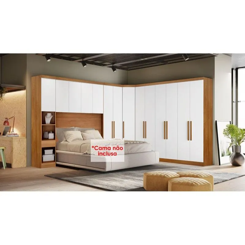 Quarto Modulado Rizon 5 Peças (1 Armário Ponte + 1 Closet + 2 Guarda Roupas + 1 Complemento) QC201 Freijo Cumaru c/ Fendi