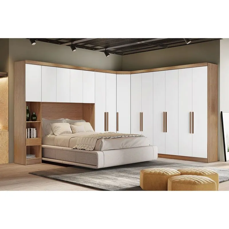 Quarto Modulado Rizon 5 Peças (1 Armário Ponte + 1 Closet + 2 Guarda Roupas + 1 Complemento) QC204 Freijo Cumaru c/ Fendi