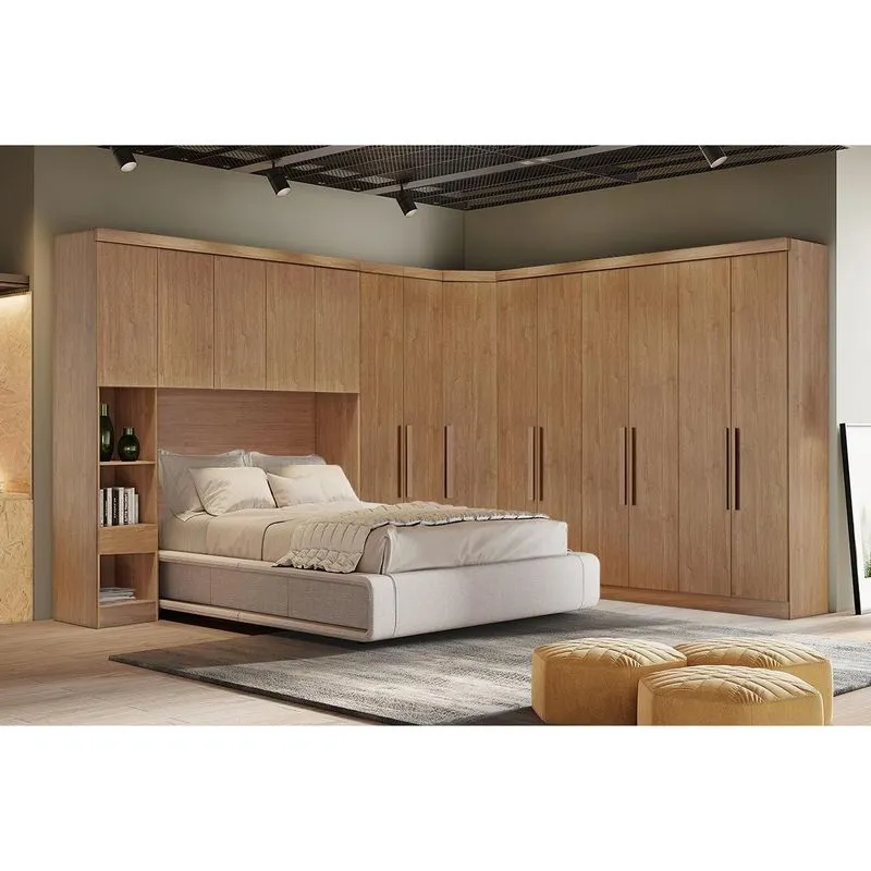 Quarto Modulado Rizon 5 Peças (1 Armário Ponte + 1 Closet + 2 Guarda Roupas + 1 Complemento) QC204 Freijo Cumaru