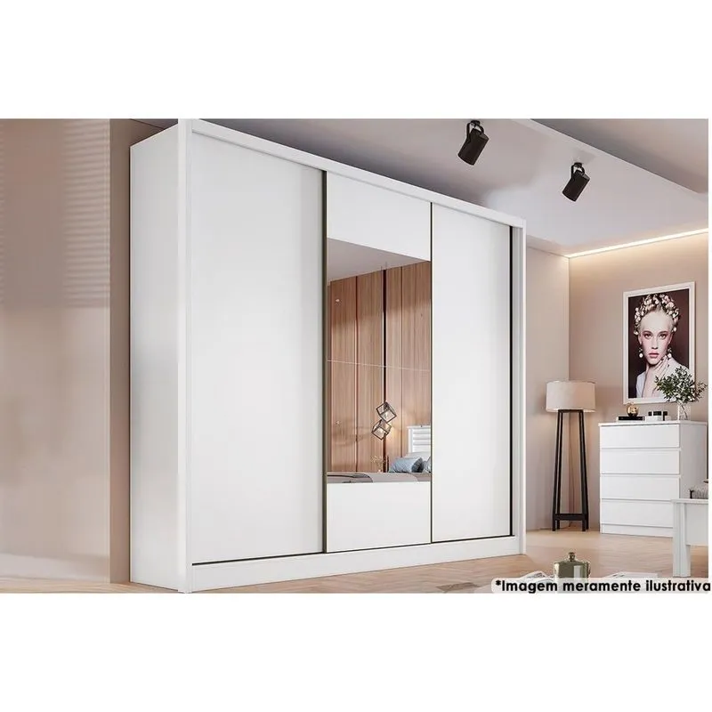 Guarda Roupas 3 Portas de Correr e 6 Gavetas c/Espelho Arezzo Plus Branco - Novo Horizonte