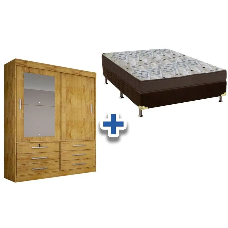 Cama Box Casal + Colchão D45 Ortobom + Guarda Roupa Sonare Freijo Cumaru