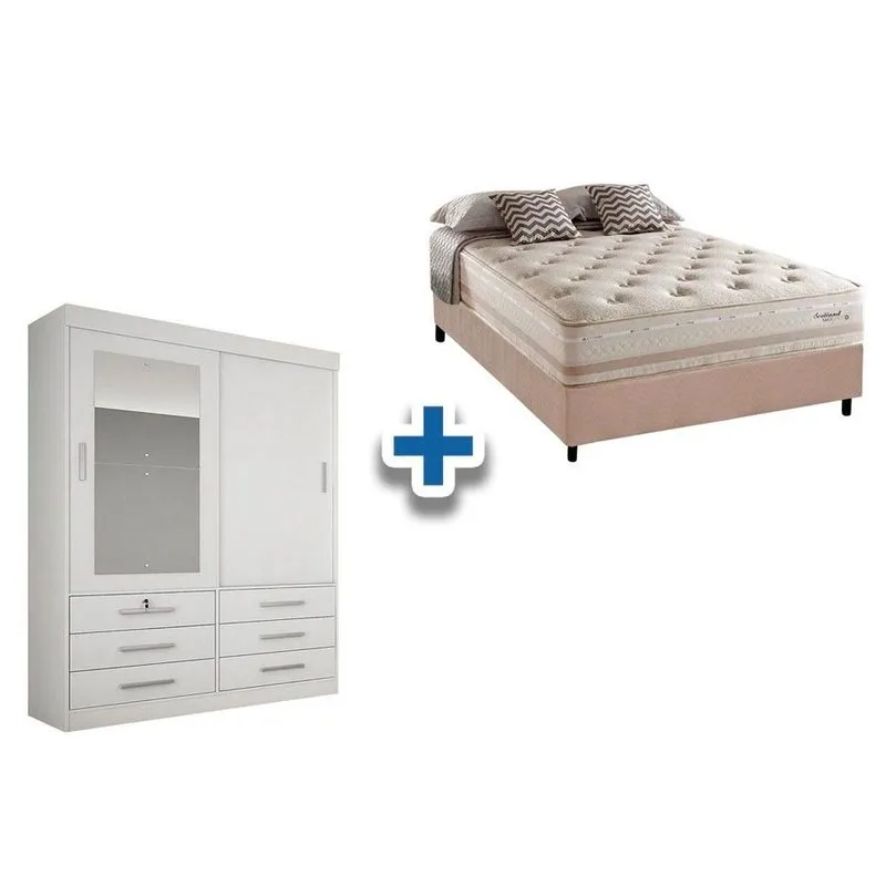 Cama Box Casal + Colchão Scotland Herval + Guarda Roupa Sonare Branco
