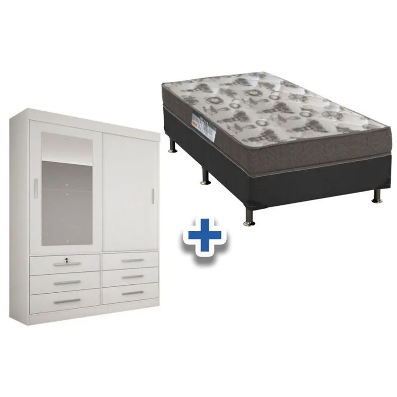Cama Box Solteiro + Colchão D33 Ortobom + Guarda Roupa Sonare Branco