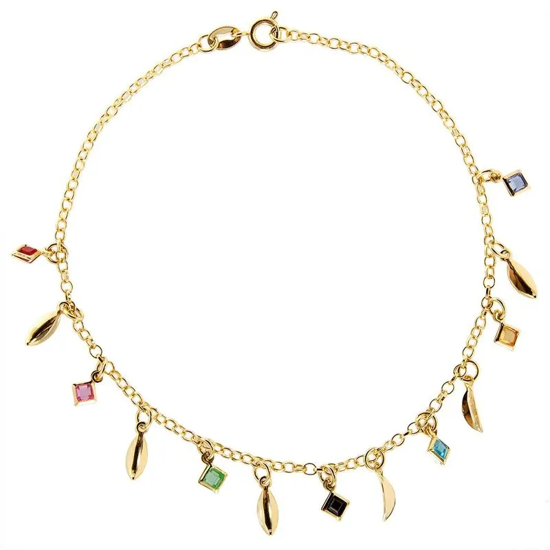 Tornozeleira Pedras Coloridas Folheada A Ouro 18k - 3121
