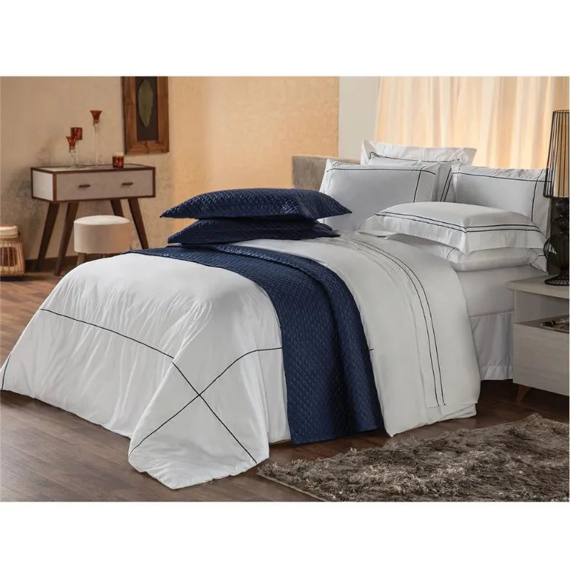 Jogo de Cama Casal Plumasul Harmonious 230 Fios com 4 Peças Azul e Branco