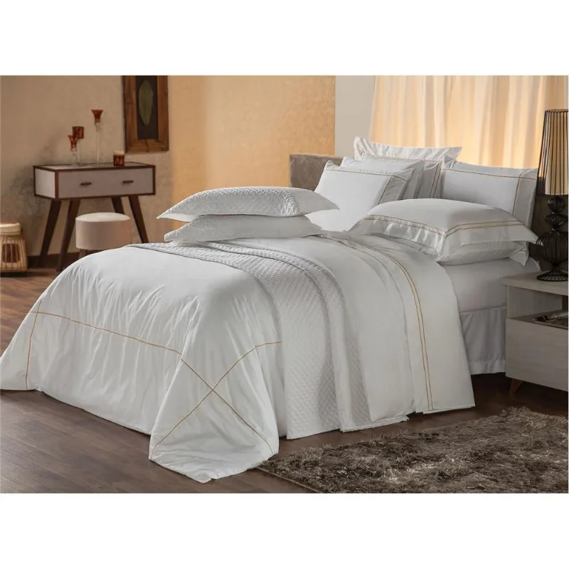 Jogo de Cama Casal Plumasul Harmonious 230 Fios com 4 Peças Branco com Amarelo