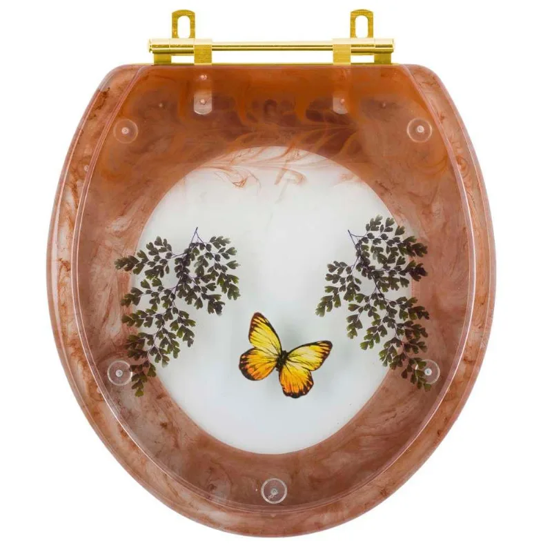 Assento Sanitário Poliester Oval Caramelo Decorado Borboleta Amarela Com Ferragem Dourada