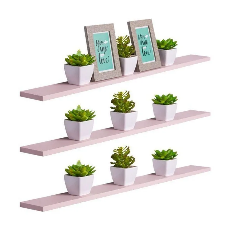 Prateleira Kit 3 80X10CM MDP Fixação Suporte Invisível Moderno Sala Rosa Claro Mercado