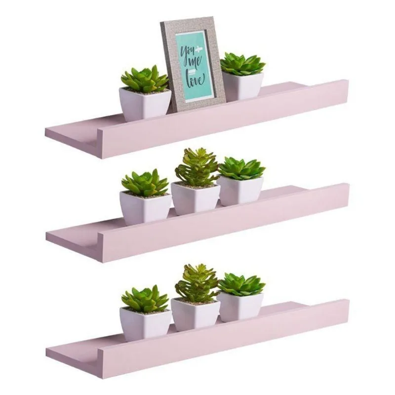 Kit 3 Prateleiras Porta Quadros 80X10CM MDP Fixação Embutir Invisível Organizador Moderno Rosa Claro