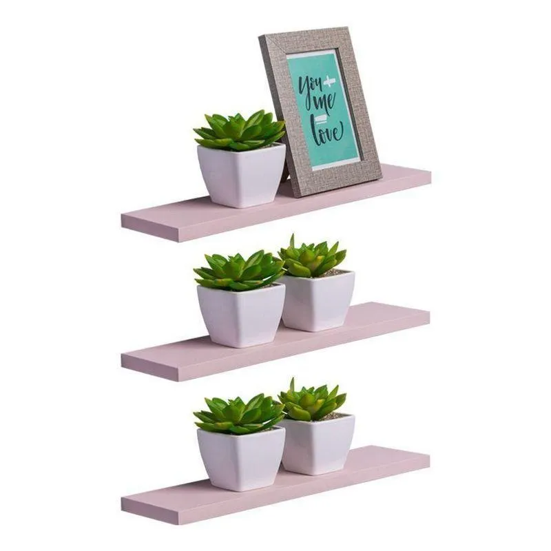 Prateleira Kit 3 60x20cm MDP Fixação Suporte Invisível Sala Moderno Rosa Claro Mercado