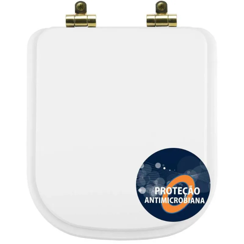 Tampa De Vaso Poliéster Antibactéria Com Amortecedor Quadra Branco Para Bacia Deca Com Ferragem Dourada