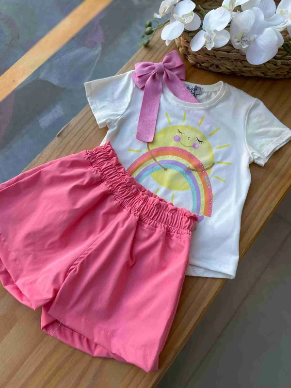 CONJUNTO BLUSA MANGA CURTA SOL ARCO IRIS STRASS E SHORT MENINA KUKIÊ OFF/ROSA / 8