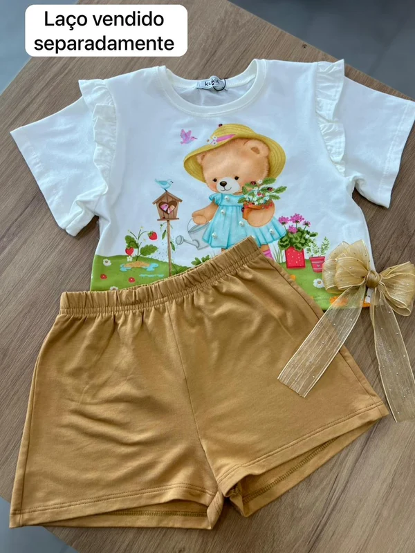 CONJUNTO BLUSA MANGA CURTA URSO JARDIM PÉROLAS E SHORT MENINA KUKIÊ OFF/BEGE / 8