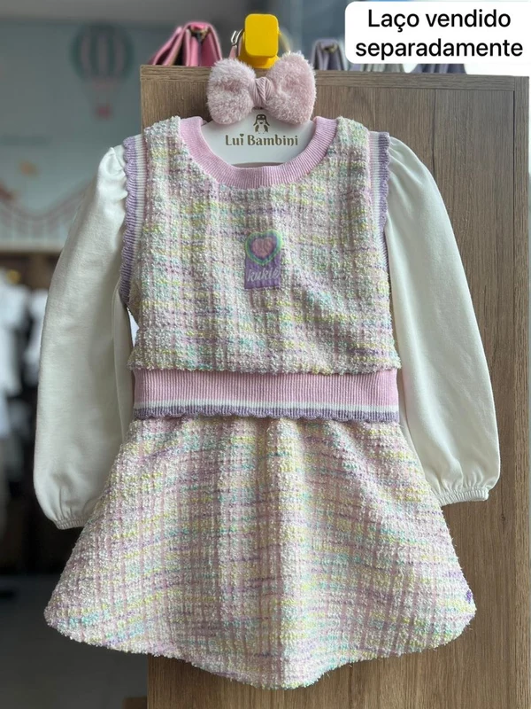CONJUNTO BLUSA MANGA LONGA COLETE TWEED E SAIA MENINA KUKIÊ OFF/ROSA / 8