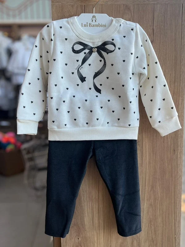 CONJUNTO BLUSÃO MANGA LONGA CORAÇÕES LAÇO E CALÇA LEGGING COTELÊ MENINA INFANTI BRANCO/PRETO / 9-12M