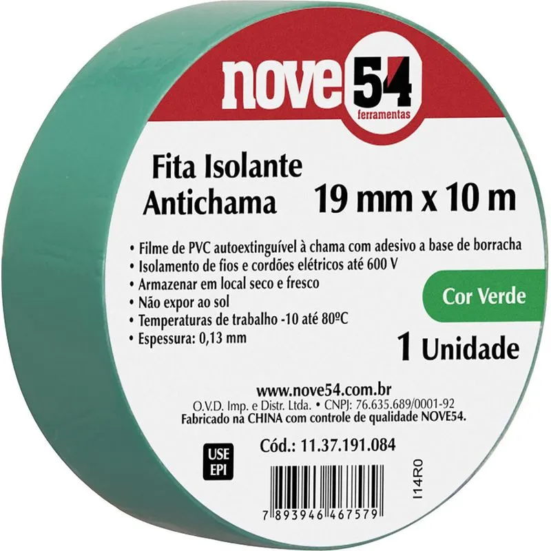 Kit 10 Fita Isolante Antichama 19mmx10m Verde Nove54