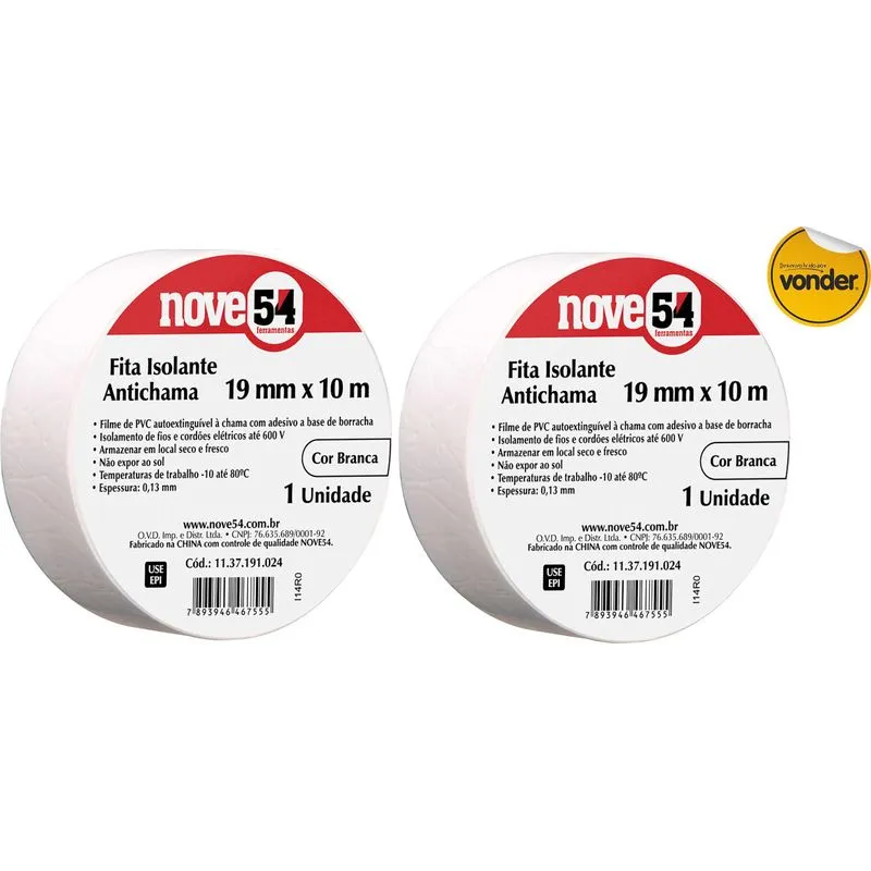 Kit 2 Fita Isolante Antichama 19mmx10m Branca Nove54