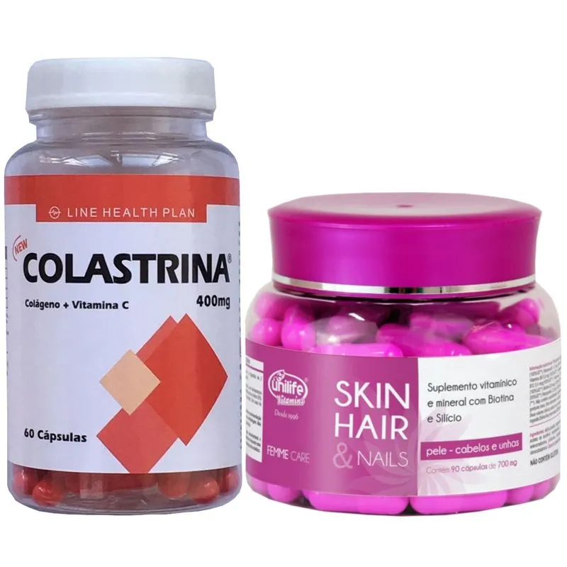 Colágeno Colastrina + Suplemento Cabelo Pele e Unha com Biotina e Silício Kit