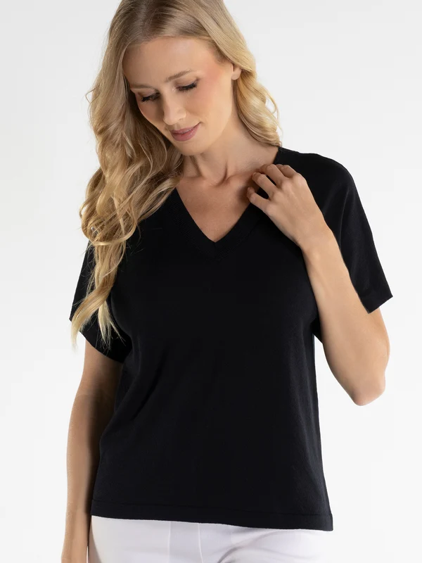 Blusa Manga Curta Decote V Modal Preto / G