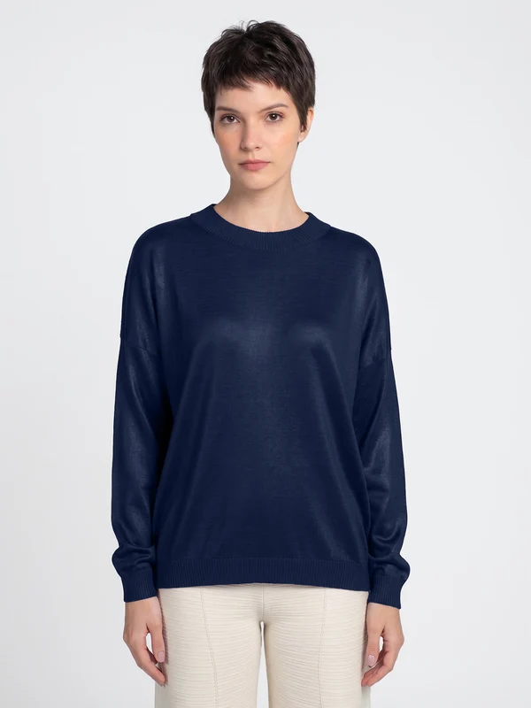 Blusa Ampla Manga Longa Azul Marinho Escuro / GG